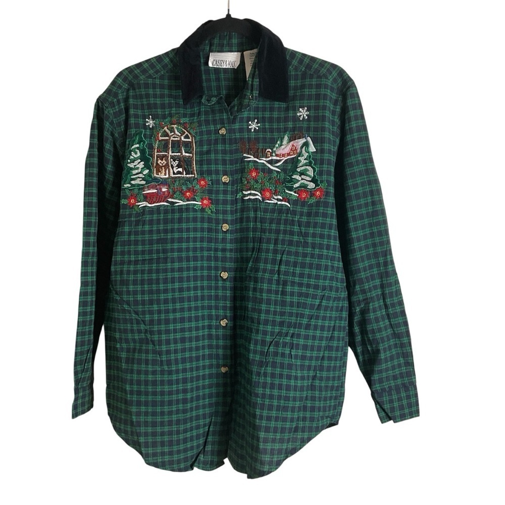 VTG 90s Casey & Max Plaid Long Sleeve Button Up Shirt size medium